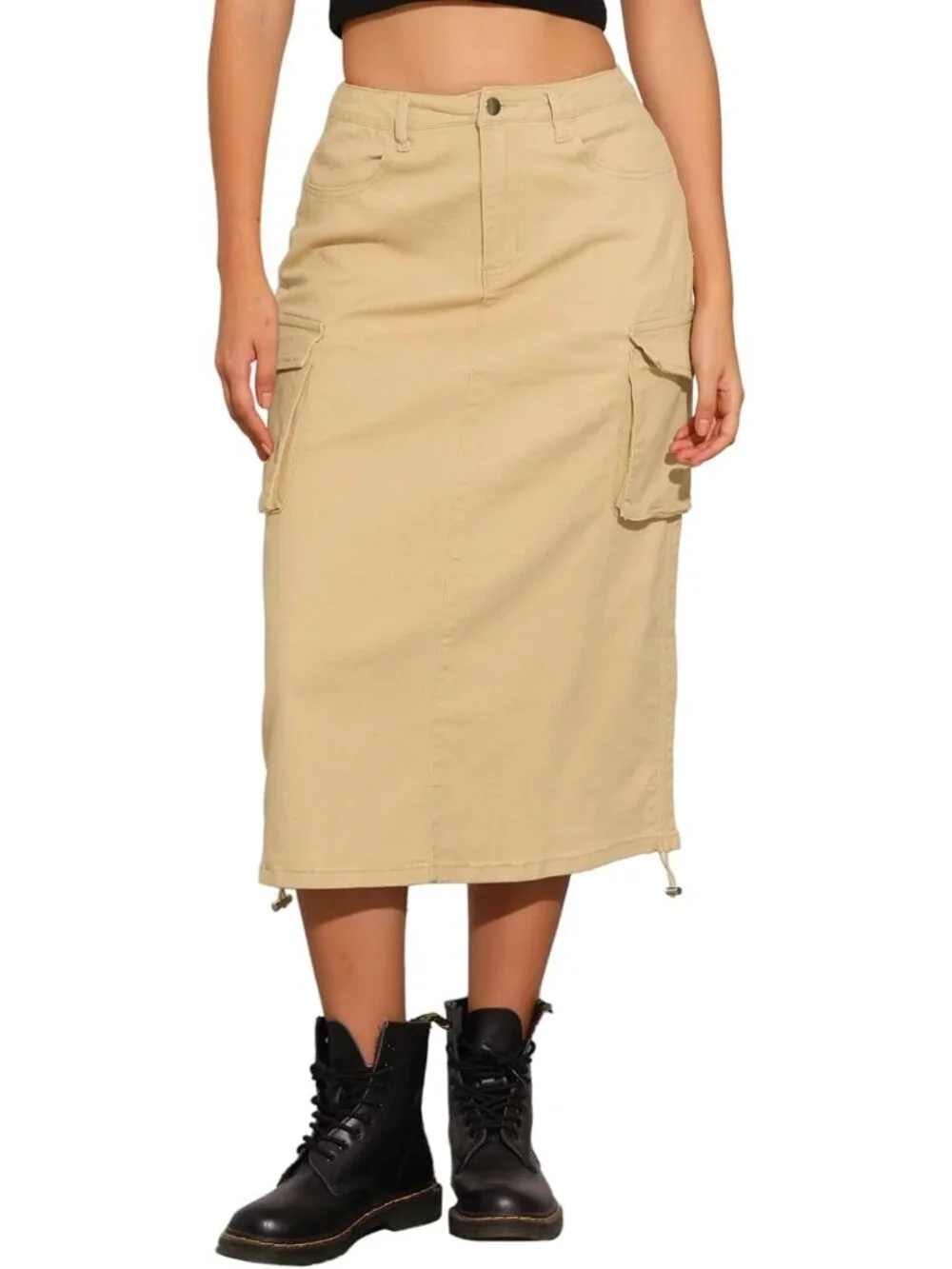 High Waist Midi Denim Skirt for Women | Casual Jean Cargo Skirt with Pockets